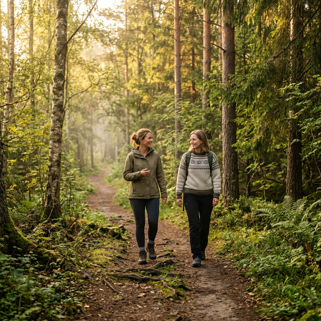 Two women walking and talking on a forest trail surrounded by trees and greenery